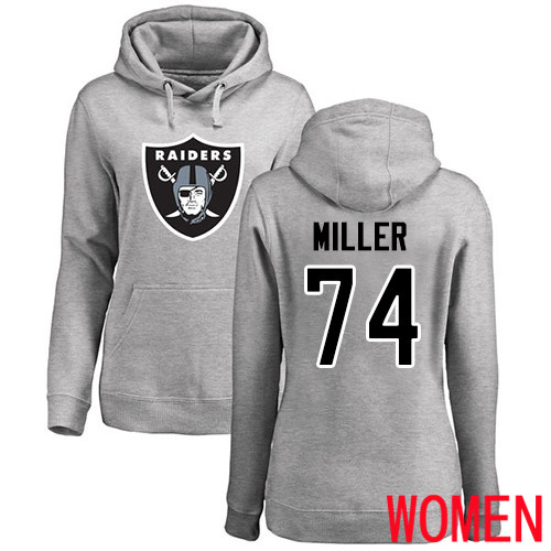 Oakland Raiders Ash Women Kolton Miller Name and Number Logo NFL Football #74 Pullover Hoodie Sweatshirts